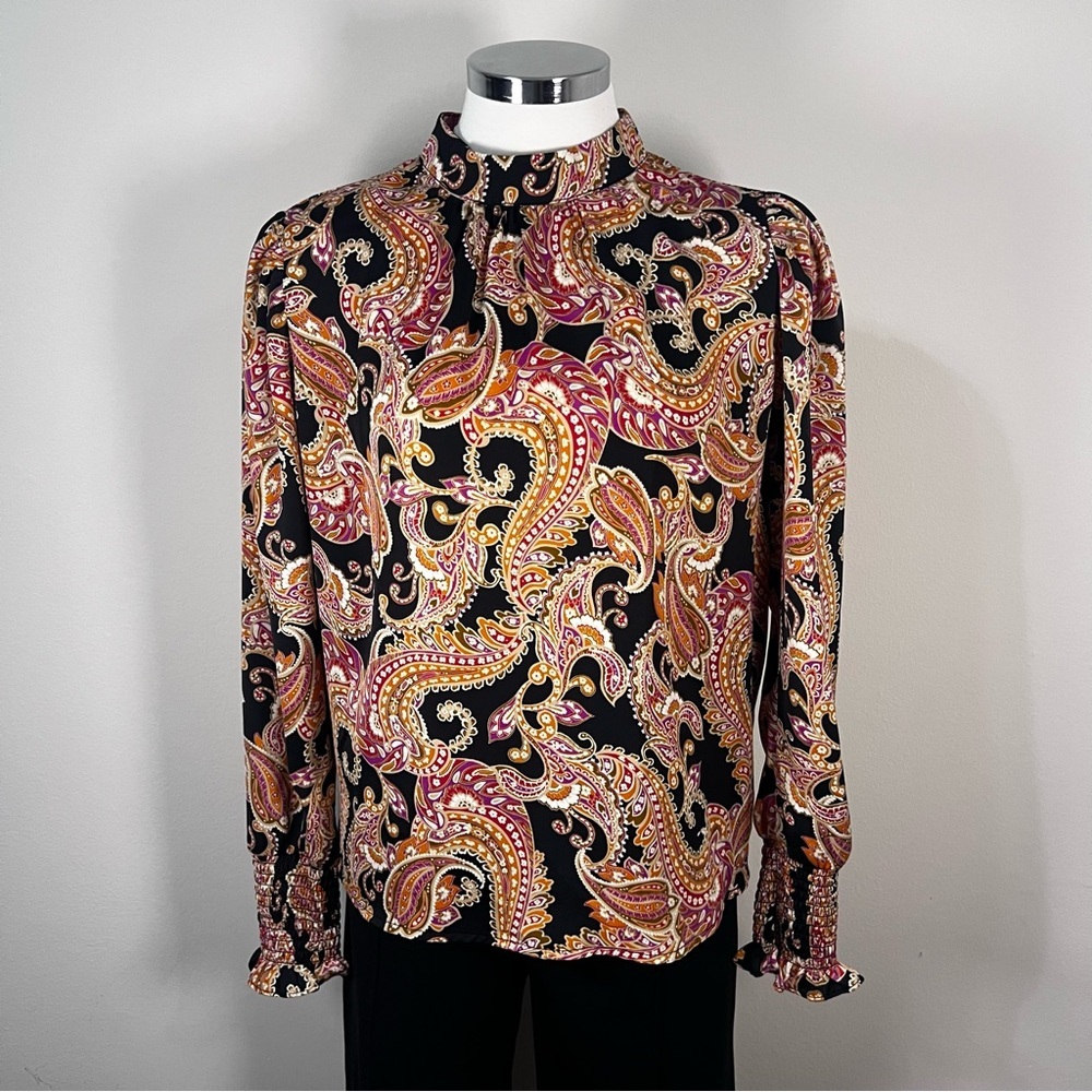 Who What Wear Paisley Boho Top Women’s Medium Long Sleeve Blouse - Picture 2 of 8
